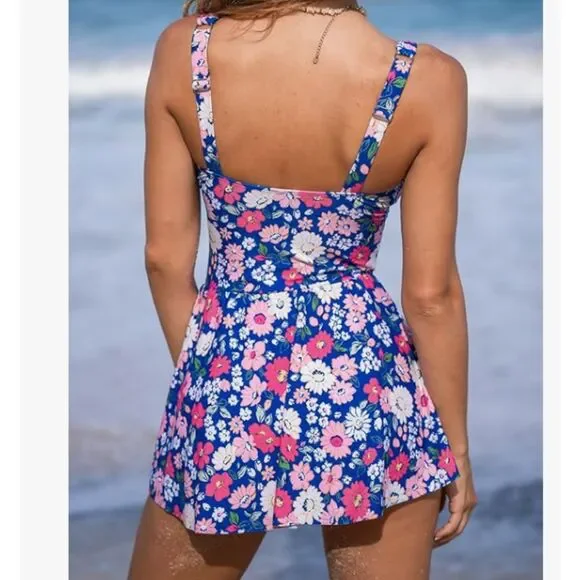 Cupshe Floral Swim Dress XL Blue Pink 1 Piece Adj Straps Removable Pads NWT - Picture 2 of 6